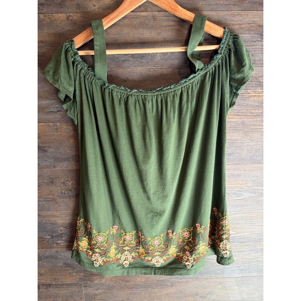 Sundance Green Embroidered Boho Cap Sleeve Knit Top Large